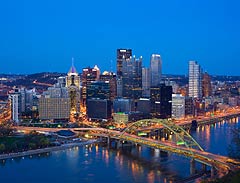 Photo of downtown Pittsburgh, Pennsylvania, a municipal Better Buildings Challenge partner, at dusk.