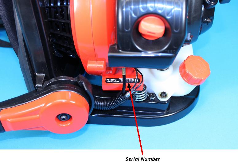 Picture of recalled Backpack Blower showing serial number location