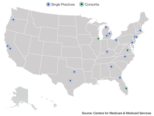 US Map with the Participant organization locations. Data presented is duplicated below.