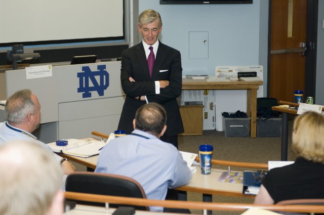 Secretary of the Army John McHugh responds to a question from a senior Army leader attending the intermediate course of the Army Senior Executive Education Program, July 18, 2012, at the University of Notre Dame, South Bend, Ind. McHugh discussed a variety of topics including the current budget challenges to planning for the Army of 2020.