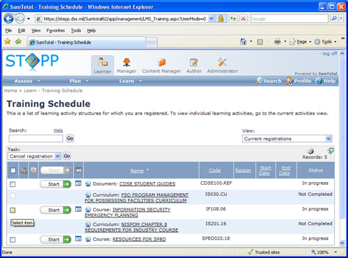 Screen shot of training schedule