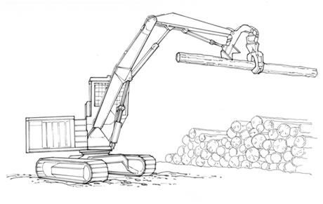 Shovel loader with live heel lifting a log.