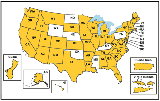 This map represents the forty-two states plus the District of Columbia, Puerto Rico, Guam, and the United States Virgin Islands that have entered into cooperative agreements to implement the DOL-SSA jointly sponsored Disability Program Navigator demonstration initiative.