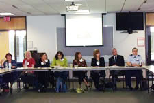 Speakers at the "Women in the Military: Resources for Benefits and Trauma-Informed Care" roundtable were (left to right): Angela Rizzolo of the Women's Bureau; Nora Begley with the Department of Veterans Affairs;  Viviana Cordoba of the Massachusetts Women Veterans Network; Cheryl Poppe, deputy secretary of the Massachusetts Department of Veterans Services; Jacqueline Cooke of the Women's Bureau; Claire Makrinikolas of the Massachusetts Department of Veterans Services; Brian Ottlinger of the Massachusetts Department of Career Services; and Captain Susan Baldwin with the Massachusetts National Guard Sexual Assault Prevention & Response Program. Click on the photo for a larger image.