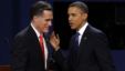 Republican presidential nominee Mitt Romney and President Barack Obama talk after the first presidential debate at the University of Denver, Oct. 3, 2012, in Denver. 