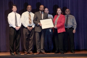 The winning team from NIST. From left to right:  Brian Dougherty (NIST), Dennis Campbell (NIST), Frederick Stephens (Deputy Assistant Secretary for Administration and Senior Sustainability Officer), Daniel Gilmore (NIST), Stella Fiotes (NIST Chief Facilities Management Officer), and Jatin Patel (NIST).