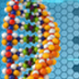 PIllustration of a DNA double helix with insets showing close-up views of amino acids within.