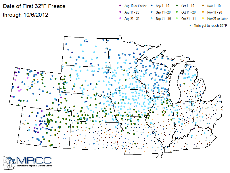 Map of areas which have seen a freeze so far this autumn.  Map courtesy of Midwestern Regional Climate Center.