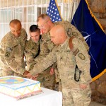 Command Sgt. Maj. Terry E. Parham, the senior noncommissioned officer of Deputy Command of Support Operations and the 13th Expeditionary Sustainment Command, Spc. Ariel Gallarzo, an ammunition handler and the youngest deployed Soldier of the 13th ESC, Brig. Gen. Clark W. LeMasters, DCOM-SPO and 13th ESC commander and Lt. Col. Ronald Jack, logistics operations chief and the oldest deployed member of the 13th ESC cut a cake to celebrate the 47th birthday of the 13th ESC at Camp Eggers, Afghanistan on Sept. 24. (U.S. Army photo by Capt. Monika Comeaux, DCOM-SPO/NTM-A PAO)