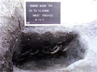 MONTERY, Calif. — A pile of horseshoes lays partially buried at the construction site of the new general instruction building at the Presidio of Monterey here, in 2011. During construction of the building, a cache of horseshoes and related items were found, and are believed to date from between 1903 and 1912, when four or five cavalry units were stationed at the Presidio of Monterey. The U.S. Army Corps of Engineers Sacramento District oversaw construction of the building, used by the Defense Language Institute to teach military personnel foreign languages. 