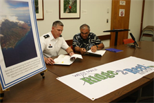 DLNR Chairperson, William J. Aila, Jr. (right) and Lt. Col. Thomas D. Asbery, commander, U.S. Army Corps of Engineers, Honolulu District, today signed a $3 million cost-share agreement to develop a watershed plan to support the West Maui "Ridge to Reef" Initiative. The Initiative is one of the first efforts in the state to implement a comprehensive management strategy to address impacts to coral reefs across multiple watersheds. The watershed plan will be funded 75-percent by the Corps and 25-percent by DLNR.