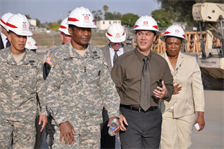 Lt. Gen. Thomas Bostick, U.S. Army Deputy Chief of Staff, G-1, is briefed by Resident Engineer Mike Siu on construction work by the U.S. Army Corps of Engineers Los Angeles District at Joint Forces Training Base Los Alamitos during a visit May 18. District Commander Col. Mark Toy (far left), and Military Programs Branch Chief Debra Ford (far right) look on. Bostick is slated to become the 53rd Chief of Engineers and commander of the U.S. Army Corps of Engineers May 22.