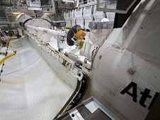 Space shuttle Atlantis' payload bay is visible for the final time prior to closure of the payload bay doors