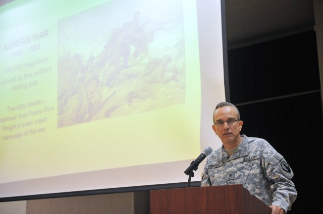 Fort Buchanan, Puerto Rico- Soldiers and civilians assigned to the 1st Mission Support Command (1st MSC), US Army Reserve-Puerto Rico, the Fort Buchanan Garrison and other members of the local military community, participated in a Hispanic Heritage commemoration event, where Brig. Fernando Fernández was the keynote speaker, at the Fort Buchanan's Community Club, Sept.20.