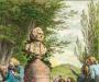 Painting of park, bust of Rousseau, and women and children