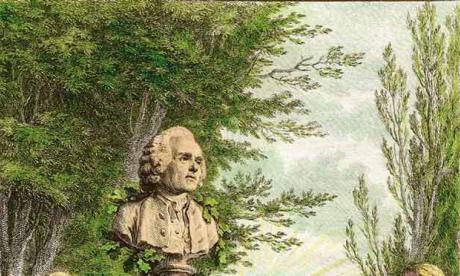 Painting of park, bust of Rousseau, and women and children