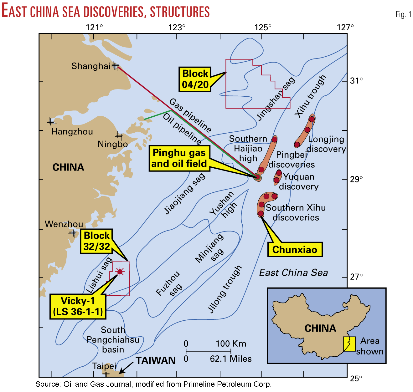 Map of East China Sea discoveries, structures