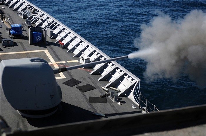 MEDITERRANEAN SEA (April 4, 2011) - The Ticonderoga class guided-missile cruiser USS Monterey (CG 61) conducts a 5"/54-caliber (Mk 45) lightweight gun live fire test. Monterey, homeported in Norfolk, Va., is on a scheduled six-month deployment and is operating in the U.S. 6th Fleet area of responsibility. (U.S. Navy photo by Mass Communication Specialist 1st Class Edward Vasquez/Released)