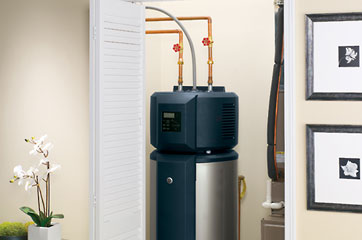 Photo of the GE GeoSpring Electric Heat Pump Water Heater fitting into a closet.