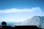 View of gas plume emitted by Mount St. Helens from inside an airplane during a COSPEC flight