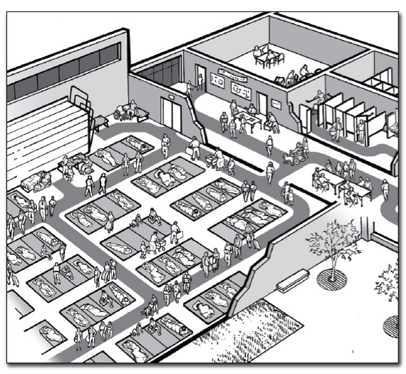 overhead view showing accessible route into and through the sleeping area of a shelter