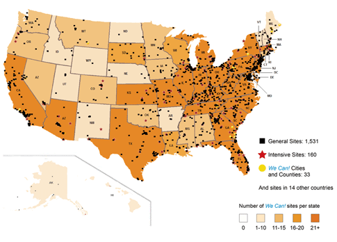 Map of the United States that indicates location of We Can community sites, cities, and counties