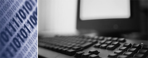 Image 1: Binary code (zeros and ones). Image 2: Computer monitor and keyboard.