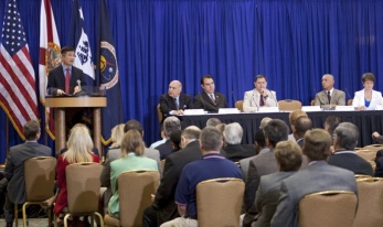 Secretary of Commerce Gary Locke addresses business and industry leaders during a town hall meeting