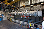 A Jefferson Lab 12 GeV upgrade cryomodule is prepared to be lowered into the CEBAF accelerator tunnel.