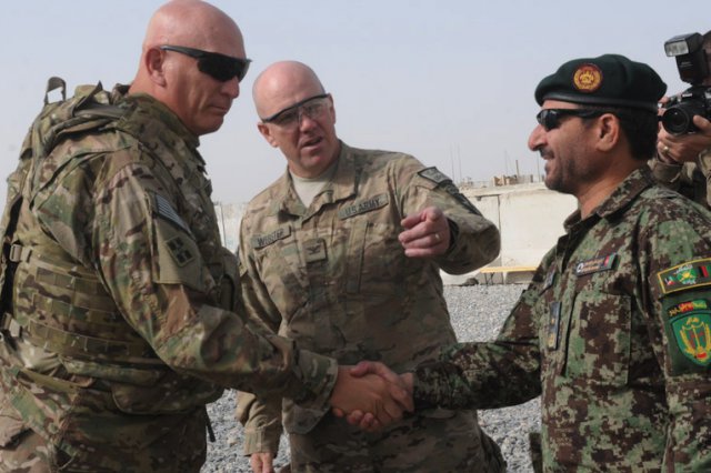 Chief of Staff of the Army Gen. Raymond T. Odierno is greeted by Afghan National Army Brig. Gen. Ahman Habibi, commander of 1st Kandak, 205th Hero Corp at Forward Operating Base Zangabad, Afghanistan, Sept. 18, 2012.  Odierno's stop at the FOB was part of a Regional Command (South) visit where he focused on gathering first-hand information from Soldiers on the ground about counter improvised explosive device measures, Security Force Assistance Teams, Afghan National Security Forces progress and inside-the-wire threats, among other topics.