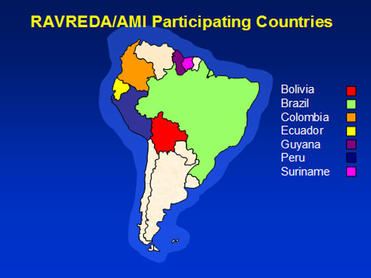 This map is of South America and shows each of the RAVREDA/AMI participating countries