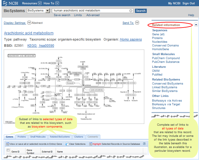 Illustration of links from biosystem records to related data such as genes, proteins, small molecules, and more.