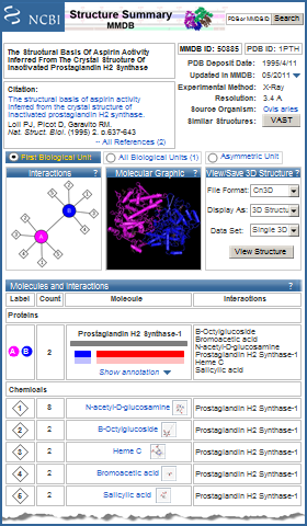Thumbnail image of a sample structure summary page, for sheep prostaglandin H2 synthase (MMDB ID 50885, PDB ID 1PTH). Click on the image to read more about the features and options on a structure summary page.