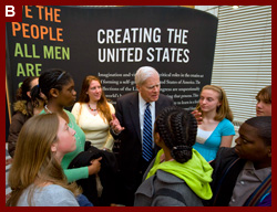 Librarian of Congress James H. Billington leads a tour of the “Creating the United States” exhibition during the opening of the Library of Congress Experience. 2008