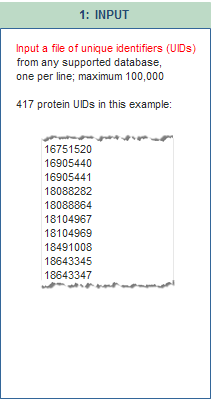 Step 1 in using FLink: Select a desired starting database and input a list of UIDs.  Click on this graphic to read more details about input formats and options.