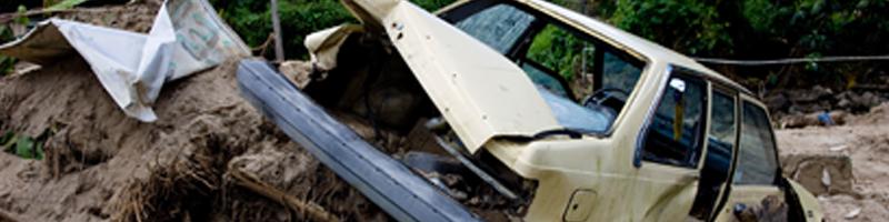 September 22nd, 2008. A wrecked car is up against an uprooted tree.