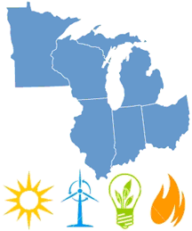 Graphic of Great Lakes states, sun, windturbine, lightbulb, and flame