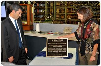 U.S. Department of the Interior Deputy Secretary Lynn Scarlett (right) and U.S. Department of Energy Acting Deputy Secretary Jeffrey F. Kupfer  announced the designation of DOE's B Reactor as a National Historic Landmark on Monday.