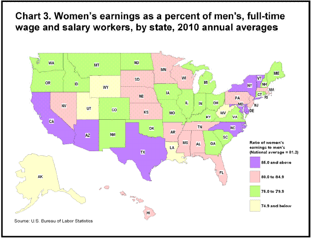 Chart 3. Women’s earnings as a percent of men's, full-time wage and salary workers, by state, 2010 annual averages