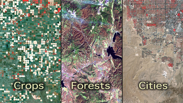 Panel of three Landsat images showing Garden City, KS; beetle damage in Rocky Mountain National Park; and Las Vegas, NV