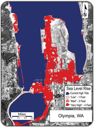 Map of Olympia, Washington showing that four feet of sea level rise would result in roughly one third of the developed land to be covered during a high tide.