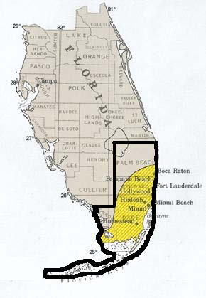 Map of Florida that outlines the Southeast portion of the state. Within the outline, a portion of the land is highlighted in yellow.