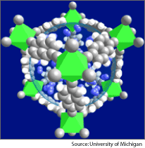 Graphic depicting a metal-organic framework (MOF), a synthetic, crystalline, microporous metal oxide structure linked together by organic 'struts' that can store hydrogen.