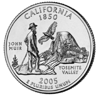 Image shows John Muir and Yosemite Valley on the back of the California quarter.