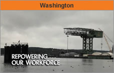 Photo of a river or lake and a worksite on a cloudy day. The headline over the photo reads 'Washington.'