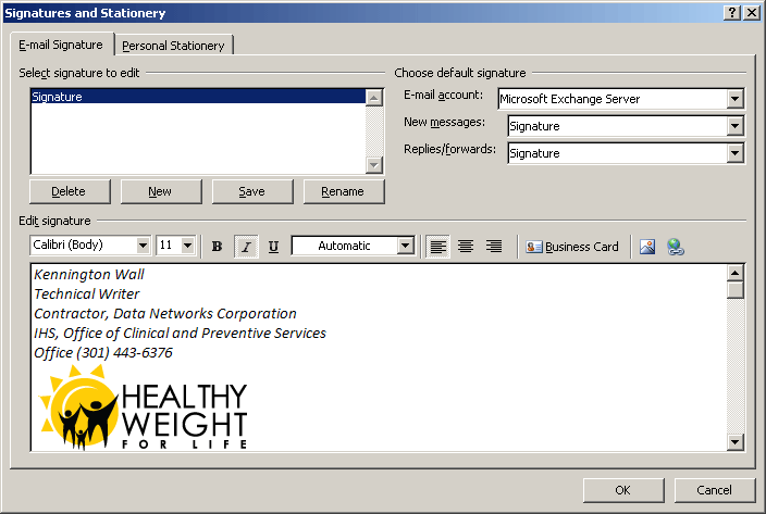 Signatures and Stationery dialog box in Microsoft Outlook 2007.