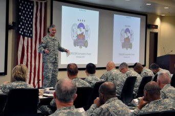 FORT BRAGG, N.C. (Oct 2, 2012) - Gen. David M. Rodriguez, commanding general, U.S. Army Forces Command (FORSCOM), welcomes senior leaders from across the command to the Oct. 2-3, 2012, FORSCOM Commander's Forum, held at the command's headquarters at Fort Bragg, N.C. Commanders, command sergeants major and representatives from the FORSCOM staff gathered to discuss leading, manning, training, equipping, maintaining and resourcing FORSCOM units to ensure they are prepared to support geographic combatant commanders, at home and abroad.