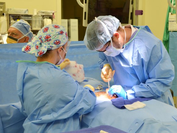 General surgeon Dr. Todd Lucas (right) operates with assistance from OR technician Spc. Mikayla Cornfield during same-day surgery at U.S. Army Health Center Vicenza Oct. 2, 2012.