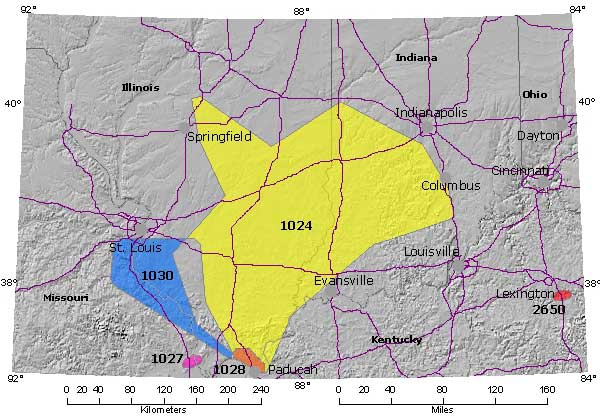 map showing area of quaternary liquifaction potential in the Wabash Valley of Illinois and Indiana