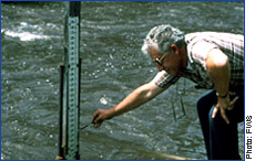 Monitoring a flood gauge after heavy rain.
